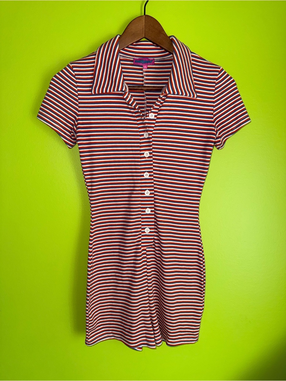*NWOT* XS Edikted Retro Striped Ribbed Polo Romper Red White Blue